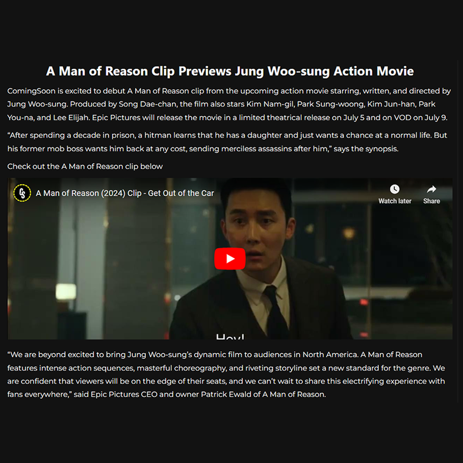 A Man of Reason Clip Previews Jung Woo-sung Action Movie