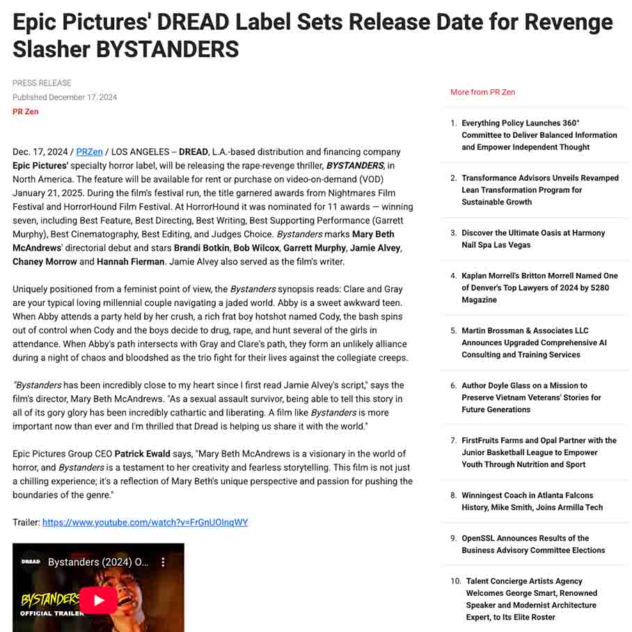 Epic Pictures' DREAD Label Sets Release Date for Revenge Slasher BYSTANDERS