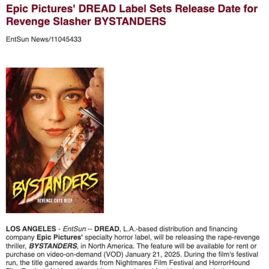 Epic Pictures' DREAD Label Sets Release Date for Revenge Slasher BYSTANDERS