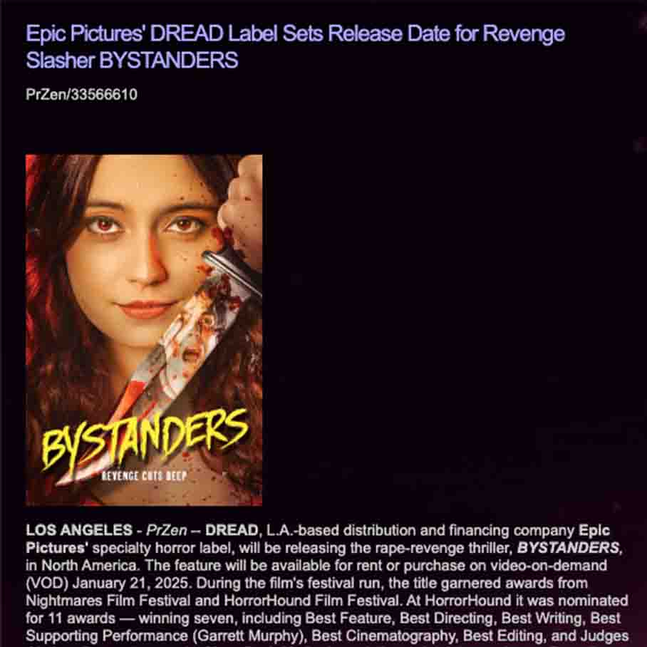 Epic Pictures' DREAD Label Sets Release Date for Revenge Slasher BYSTANDERS