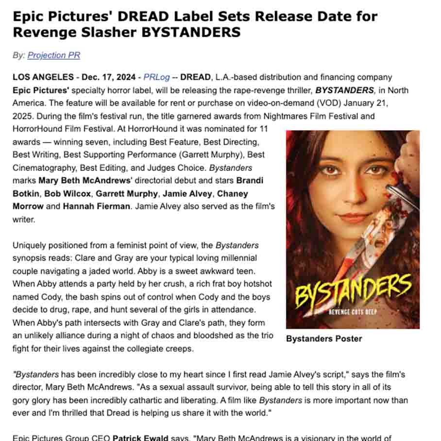 Epic Pictures' DREAD Label Sets Release Date for Revenge Slasher BYSTANDERS