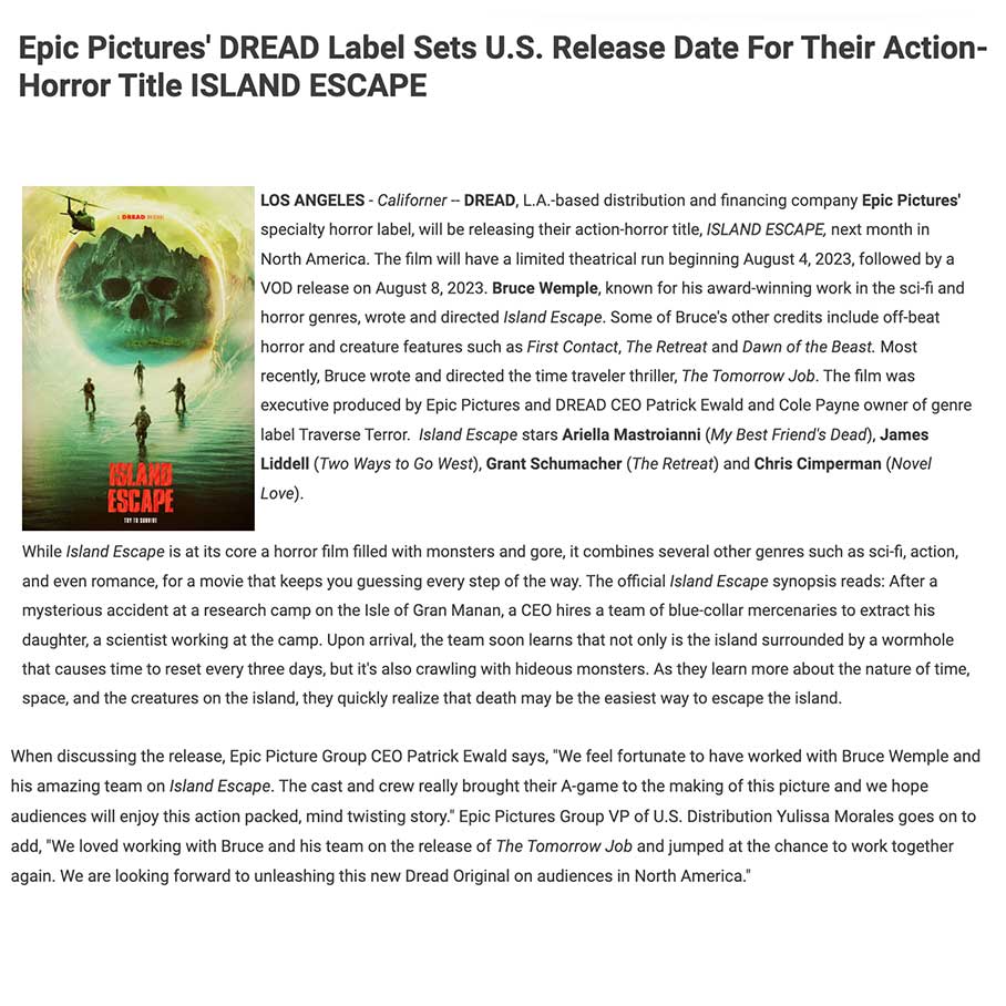 Epic Pictures' DREAD Label Sets U.S. Release Date For Their Action-Horror Title ISLAND ESCAPE