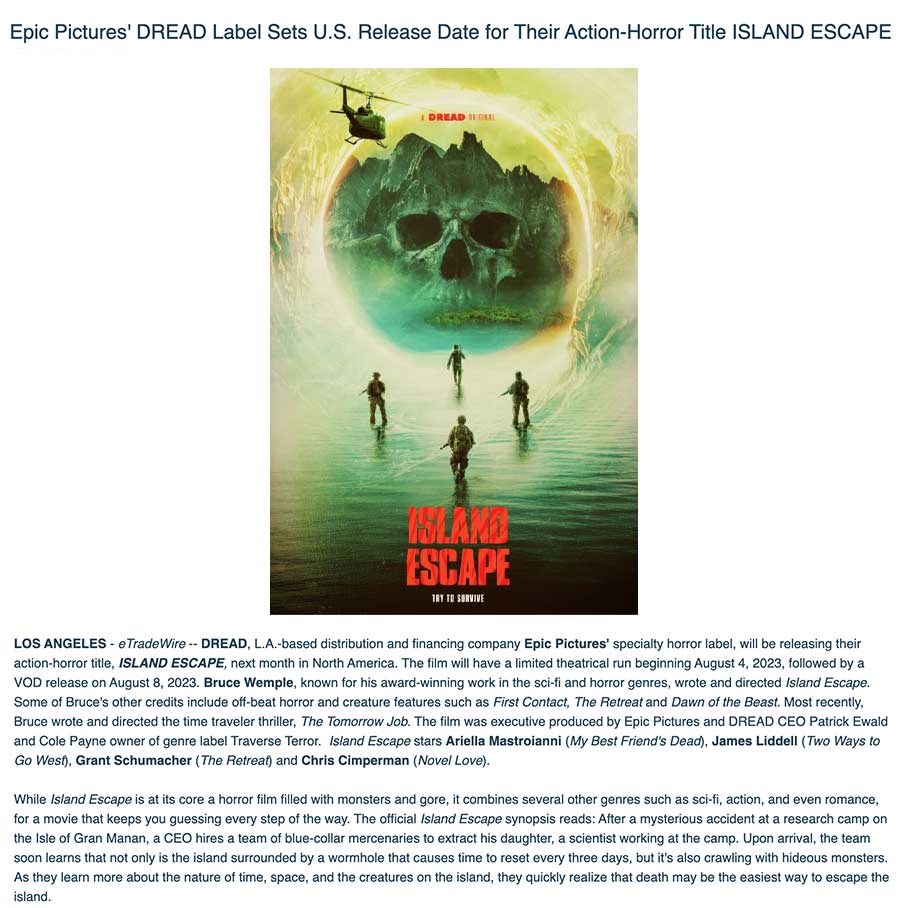 Epic Pictures' DREAD Label Sets U.S. Release Date for Their Action-Horror Title ISLAND ESCAPE