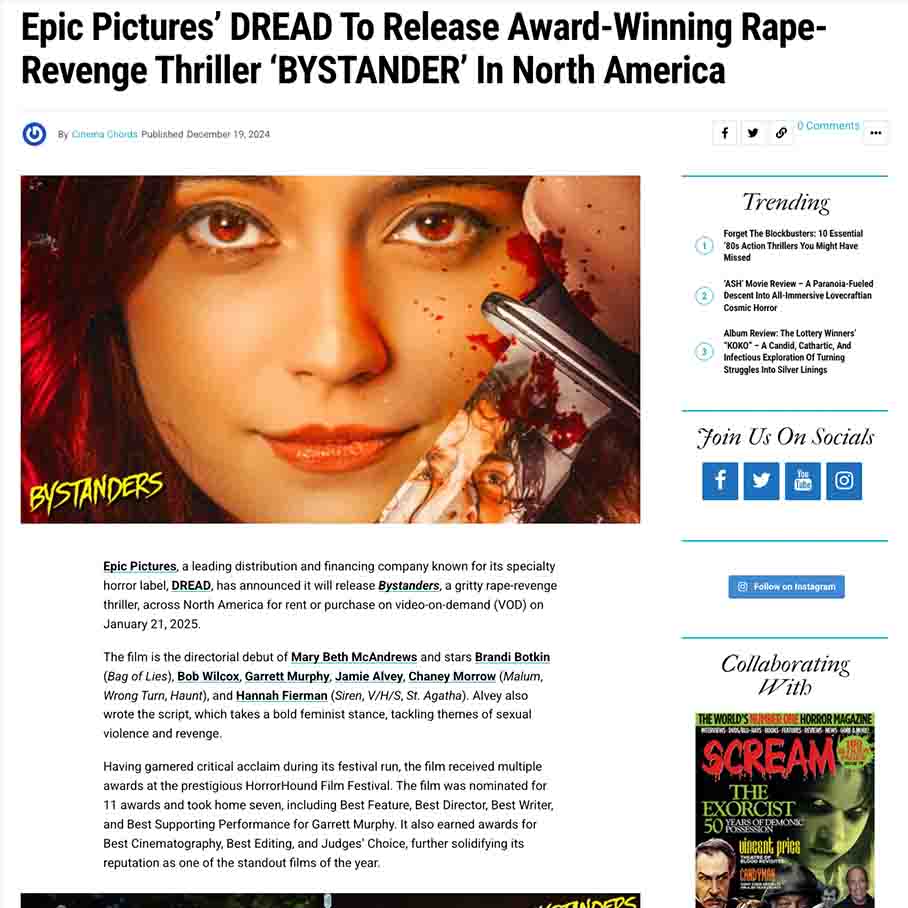 Epic Pictures’ DREAD to Release Award-Winning Rape-Revenge Thriller ‘BYSTANDER’ in North America