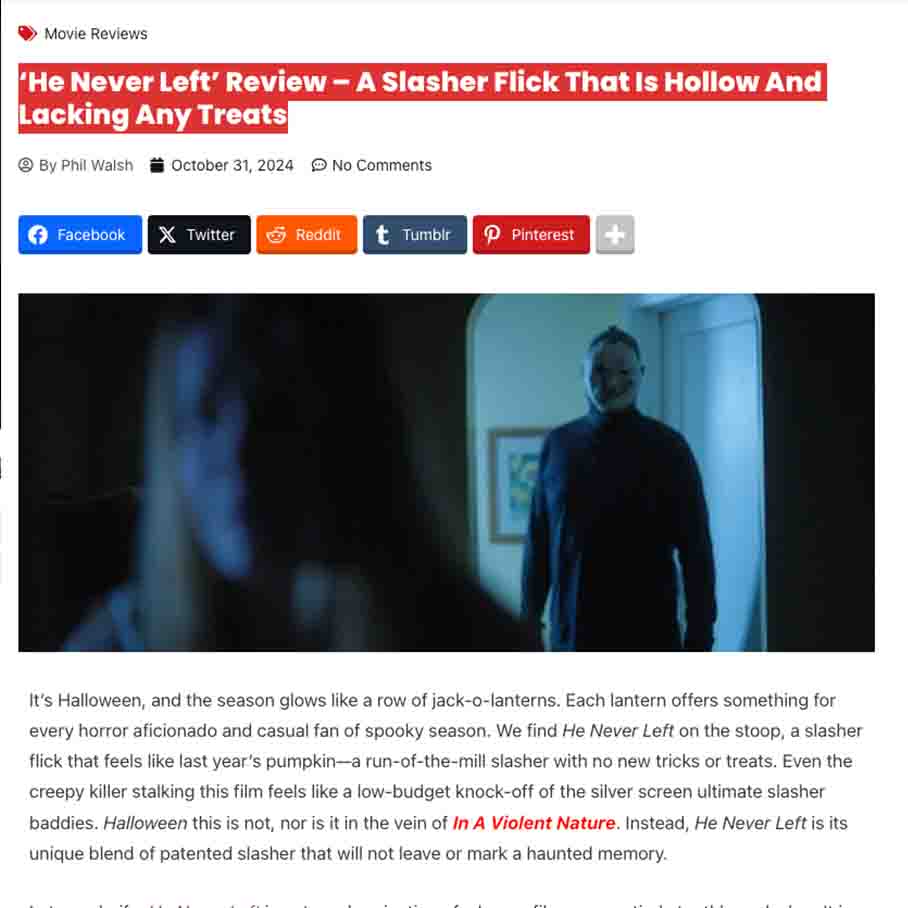 ‘He Never Left’ Review – A Slasher Flick That Is Hollow And Lacking Any Treats