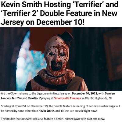 Kevin Smith Hosting ‘Terrifier’ and ‘Terrifier 2’ Double Feature in New Jersey on December 10!