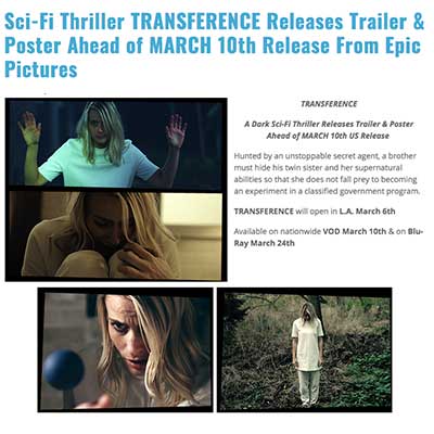 Sci-Fi Thriller TRANSFERENCE Releases Trailer & Poster Ahead of MARCH 10th Release From Epic Pictures