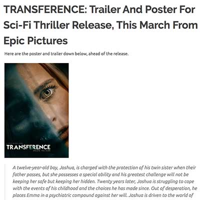 TRANSFERENCE: Trailer And Poster For Sci-Fi Thriller Release, This March From Epic Pictures