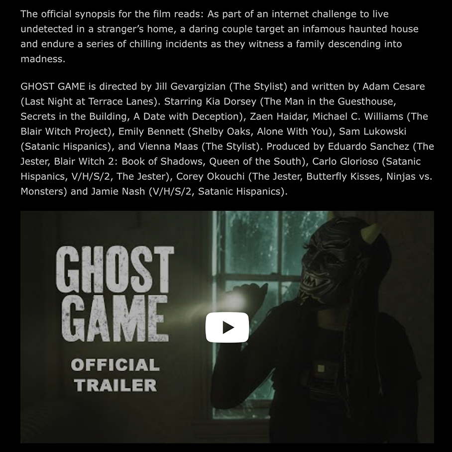 Trailer For New Horror Release GHOST GAME Coming To Select Theaters 10/18 And VOD 10/22